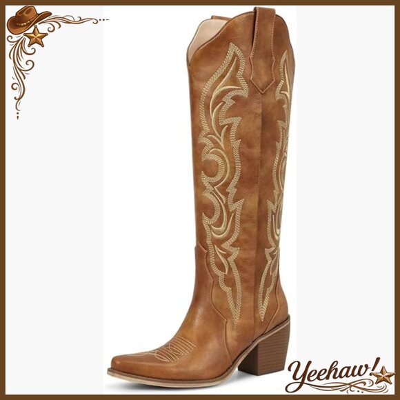 Knee High Western Boots with Embroidered Design Chunky Heel Slip On